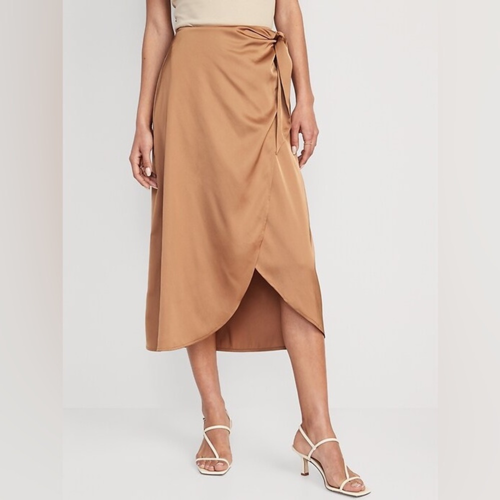 High Waisted Satin Midi Wrap Skirt